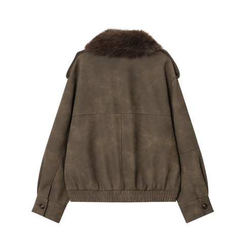 Veste En Faux Cuir Vintage Femme Avec Col En Fausse Fourrure Blouson Bomber Zippé Rétro Casual Streetwear Manteau Manches Longues