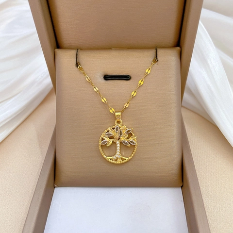 Tree Of Life Pendant Necklace Stainless Steel Chain Copper Micro Inlaid Rhinestone For Women Gold Color Elegant