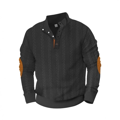 Heren Gebreide Trui Henley Opstaande Kraag Geknoopt Lange Mouwen Contrast Elleboogbeschermers Casual Pullover