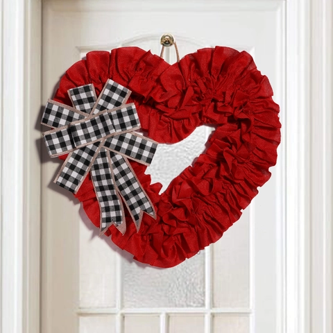 Valentine's Day Heart Shaped Wreath Fabric Burlap Buffalo Plaid Bow Knot Artificial Rose Wedding Home Door Wall Decor