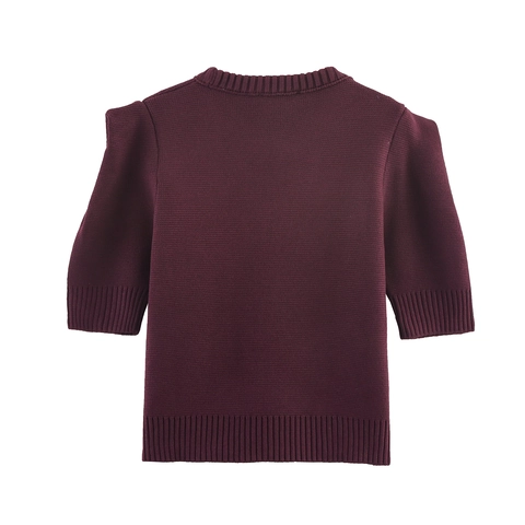 Women Round Neck Knitted Top Puff Short Sleeve Solid Color Elegant Pullover Retro Knit Sweater Chic Soft Blouse