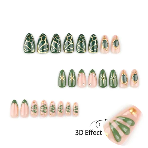 Uñas Postizas 3D Forma Almendra Verde Esmeralda Nude Mariposa Dorada Diamantes Imitación Piedra Mármol Bohemio Lujo Mujeres