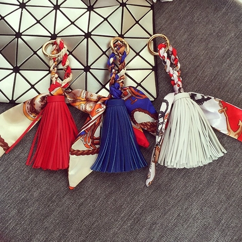 Satin Scarf Tassel Bag Charm PU Leather Bow Keychain Handbag Pendant Women Fashion Accessories Elegant