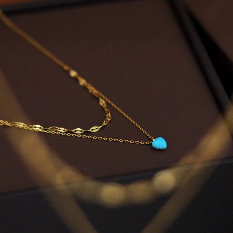 Vintage Doppelschichtige Edelstahl Halskette Gold Plated Blaue Künstliche Opal Herz Wassertropfen Anhänger Schmuck Damen