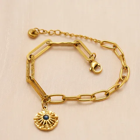18K Gold Plated Stainless Steel Bracelet For Women Chic Paperclip Chain Sunburst Pendant With Blue Stone Adjustable Jewelry