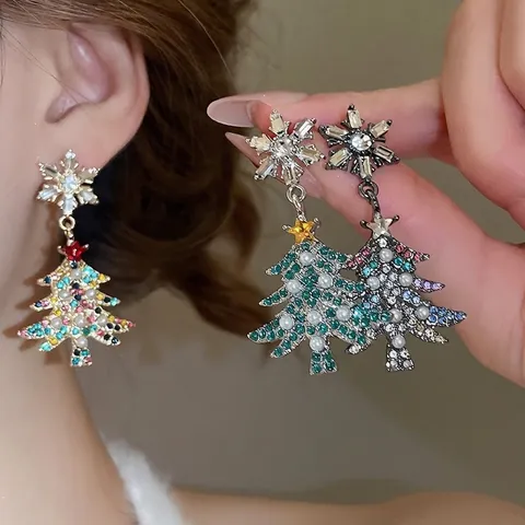 Orecchini Albero Di Natale Con Perno In Argento Sterling 925 Lega Strass Perla Artificial Gioielli Festivi Per Donne