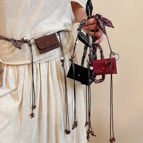 Catena Girovita Decorativa Retrò Con Pendente Mini Borsa Perline In Legno Sciarpa In Raso Paisley Cintura Stile Boho