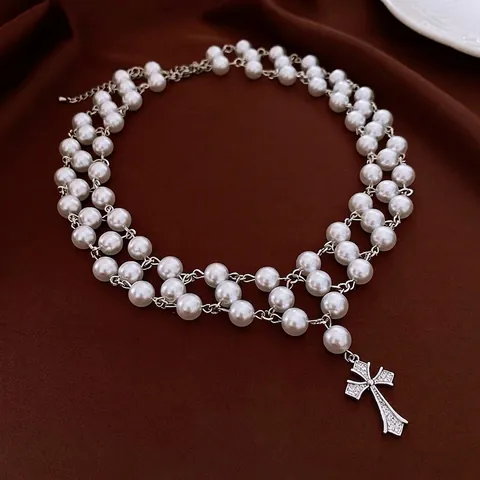 Collar De Perlas Artificiales De Doble Capa Con Colgante De Cruz De Circonita Cobre Perla Artificial De Vidrio Estilo Retro De Lujo Para Mujeres