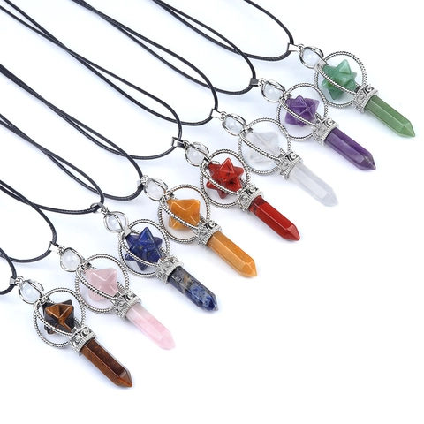 Collar Colgante Estrella Merkaba Pilar Hexagonal Cristal Natural Piedra Curativa Joyería Cordón Ajustable