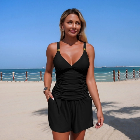 Women Ruched Tummy Control Tankini Top And Shorts V Neck Swimwear With Metal Rings Solid Color Nylon Spandex Beach Bathing Suit
