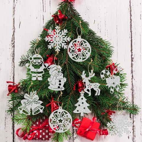 Addobbi Natalizi Pendenti Etichette Carta Luccicante Forme Renna Fiocco Di Neve Babbo Natale Con Corda Di Juta Arredo Festa