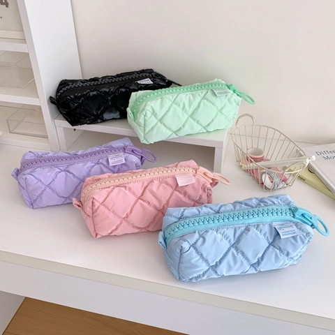 Large Capacity Quilted Pencil Case With Big Zipper Ins Style Solid Color Polyester Cotton Stationery Organizer Bag For Students School Office