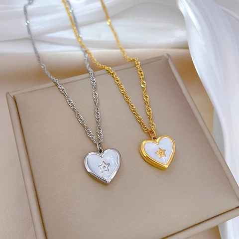 Collana Con Pendente A Cuore In Acciaio Al Titanio Con Motivo A Stelle Madreperla Bianca Elegante Catena Di Clavicola