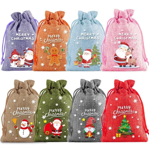 Christmas Drawstring Gift Bags Linen Burlap Candy Pouch Merry Christmas Print Cartoon Santa Snowman Pattern Holiday Party Favor