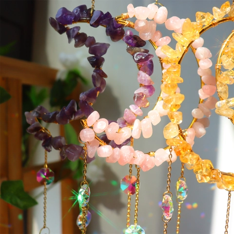 Moon Crystal Suncatcher Hanging Ornament With Natural Stone Chips Rainbow Maker Prism For Window Garden Home Decor Boho