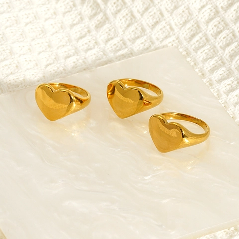 Heart Signet Ring 18K Gold Plated Stainless Steel Polished Minimalist Fashion Jewelry For Women