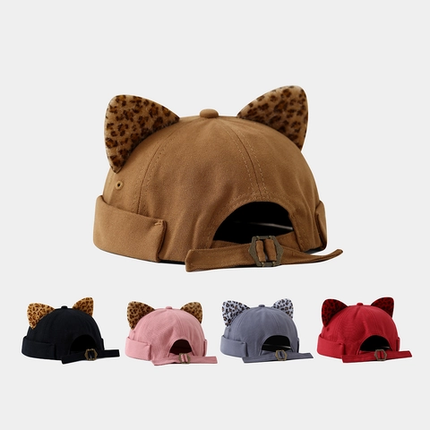 Leopard Ear Docker Hat Cotton Brimless Sailor Cap Vintage Streetwear Adjustable Hip Hop Miki Hat For Men Women