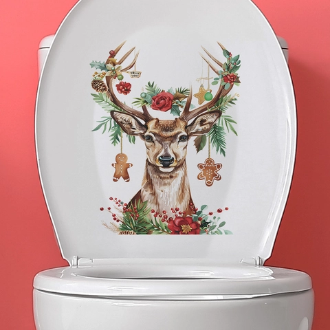 Autocollant De Toilette De Noël Renne Fleur Bonhomme De Pain Epice Aquarelle PVC Amovible Auto Adhésif Décoration Murale