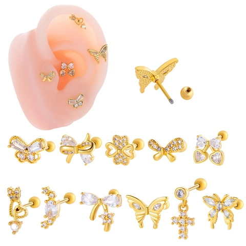 Stainless Steel Cartilage Piercing Stud Earrings Copper Inlaid Zirconia Butterfly Heart Bow Knot Earrings Jewelry For Women