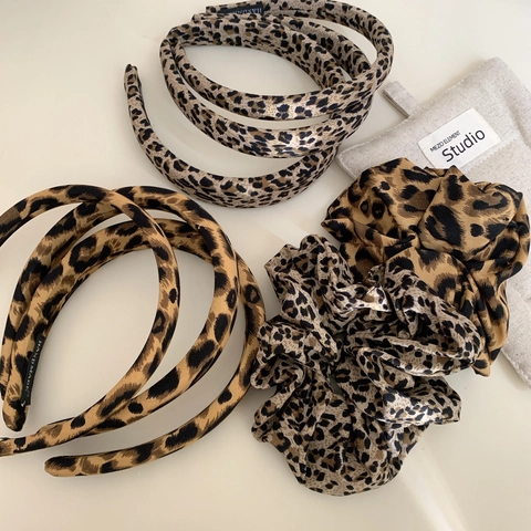 Retro Leopardenmuster Stoff Haarband Breites Gepolstertes Stirnband Und Haargummi Set Handgefertigte Haarschmuck Für Damen