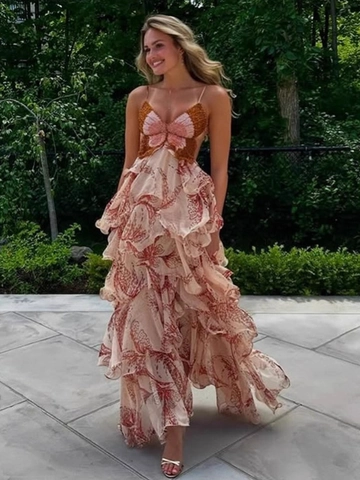 Butterfly Sequin Beaded Spaghetti Strap Maxi Jurk Gelaagde Ruches Boho Floral Backless Elegant Vakantie Jurk Voor Dames
