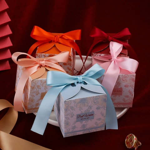 Quadratische Hochzeit Süßigkeiten Geschenkbox Blumenmuster Karton Papier Gunst Box Mit Schleife Und Griff