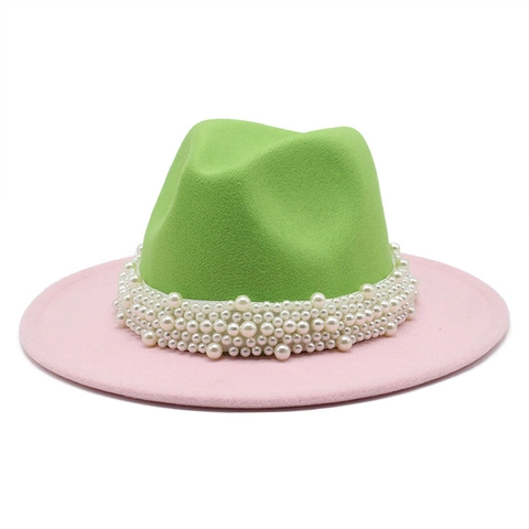 Two Tone Color Block Fedora Hat Felt Wide Brim Faux Artificial Pearl Ribbon Trim Vintage Elegant Jazz Cap For Women