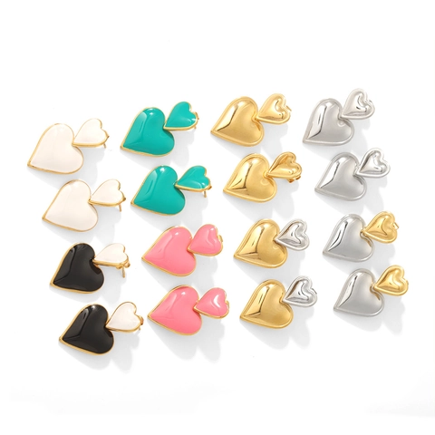 Orecchini Pendenti A Doppio Cuore In Acciaio Inossidabile Smalto Goccia D'olio Placcato Oro 18K Elegante Da Donna
