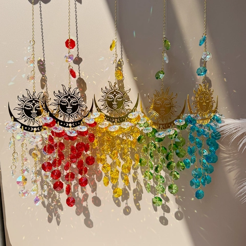 Crystal Sun Catcher Metal Sun Moon Face Hanging Ornament Window Rainbow Maker Indoor Outdoor Home Garden Decor