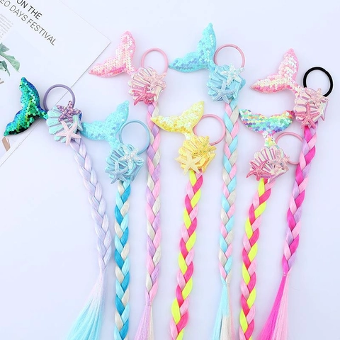 Coleta De Peluca Colorida Con Lentejuelas De Cola De Sirena Goma Para El Pelo Fibra Sintética Ornamentos De Estrella De Mar Concha Para Niñas