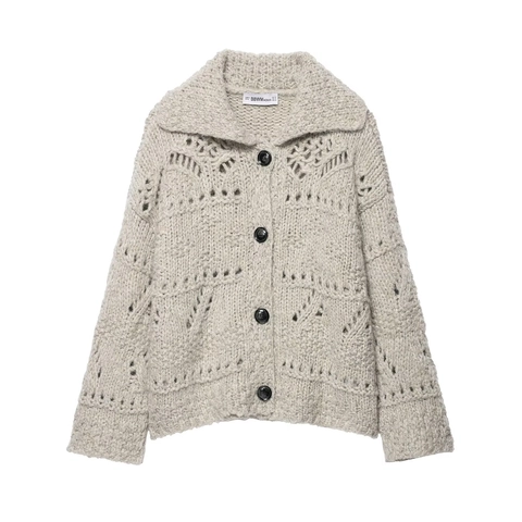 Cárdigan De Punto Mujer Calado Cuello Solapa Con Botones Holgado Casual Jersey De Manga Larga Poliéster