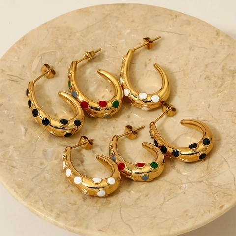 Polka Dot C-Shaped Hoop Earrings Stainless Steel Gold Plated Enamel Colorful Minimalist Trendy Jewelry For Women