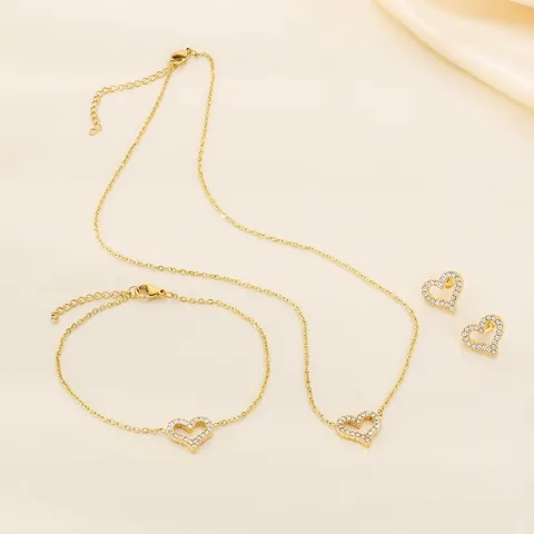 Collana Bracciale Orecchini Cuore Cavo Acciaio Inossidabile Strass Micropavé Gioielli Moda Elegante Per Donne