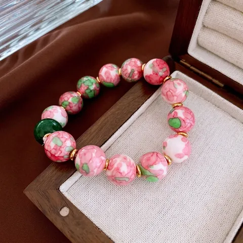 Vintage Chinese Style Beaded Bracelet Ceramic Natural Stone Crystal Gold Plated Charm Jewelry For Women Elegant Gift