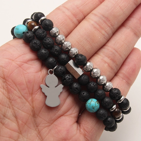 Bracciale In Perle Di Pietra Lavica Naturale E Occhio Di Tigre Con Pendente Angelo In Acciaio Inossidabile Gioielli Elastici