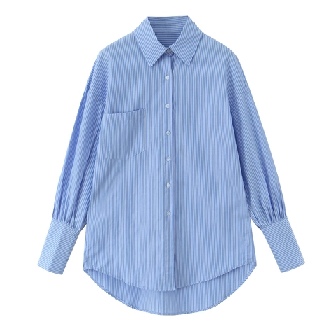 Camicia A Righe Donna Cotone Pettinato Maniche Lunghe Blusa Bottoni Orlo Asimmetrico Vestibilità Ampia Casual Elegante Top