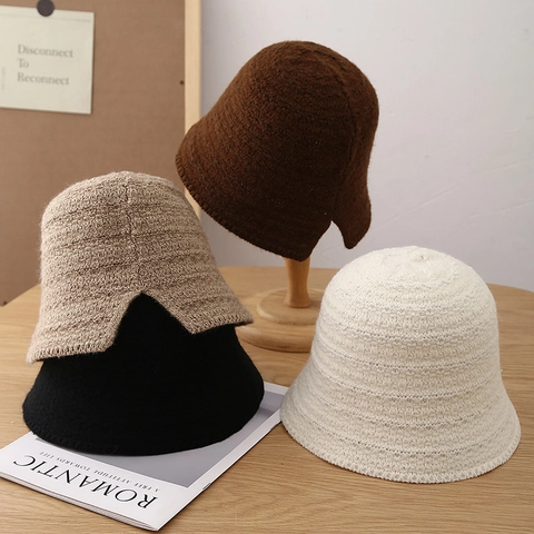 Sombrero De Pescador De Punto Para Mujer Invierno Estilo Japonés Grueso Cálido Acrílico De Campana Con Abertura Lateral