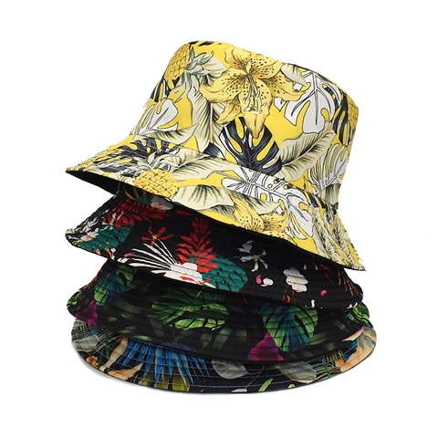 Chapeau Bob Réversible Imprimé Feuilles Tropicales Polyester Pliable Protection Solaire Chapeau De Plage Hommes Femmes