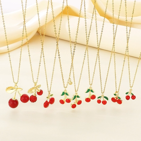 Cherry Pendant Necklace Stainless Steel Red Fruit Enamel Crystal Clavicle Chain Fashion Jewelry For Women Gold Plated Elegant