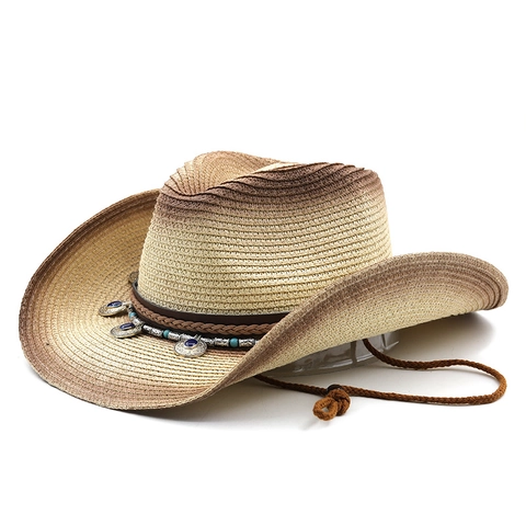 Western Cowboy Straw Hat Gradient Color Paper Straw Wide Brim Sun Protection Ethnic Band Adjustable Wind Rope