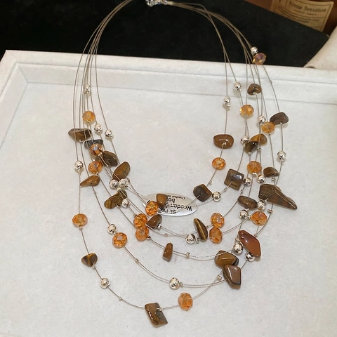 Set Gioielli Vintage Collana Multistrato Orecchini Pietra Occhio Di Tigre Cristallo Con Perno In Argento Sterling 925