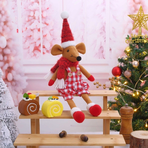 Weihnachtsmaus Plüschpuppe Langbeinig Karostoff Sitzendes Ornament Feiertags Desktop Dekoration