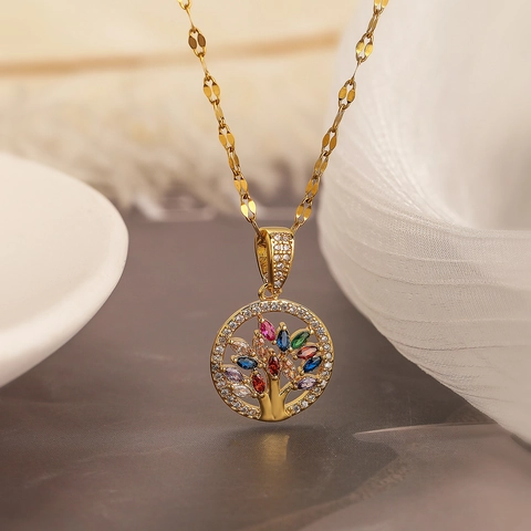 Collana Con Pendente Tondo Albero Della Vita Rame Placcato Oro Con Zircone Marquise Colorato Per Donna