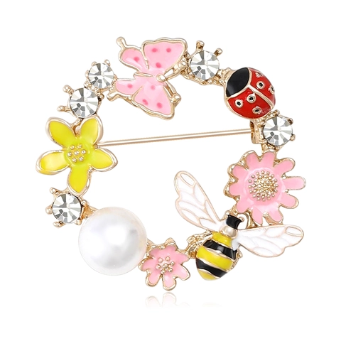 Dulce Broche de Corona de Aleación Con Perla Artificial Strass Abeja Mariquita Mariposa Floral Joyería de Moda Para Mujer Regalo