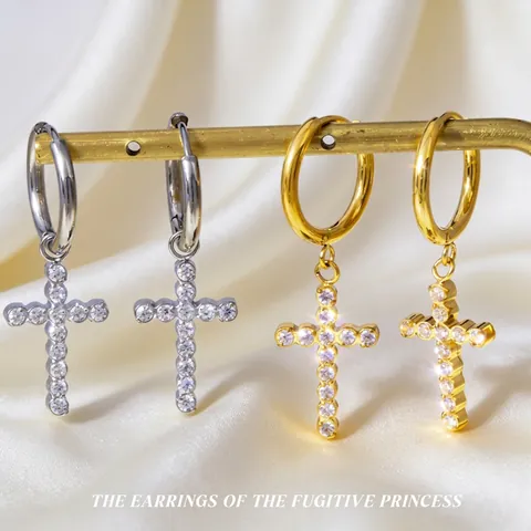 Titanium Steel Zirconia Cross Pendant Earrings For Women Gold Silver Electroplated Elegant Fashion Jewelry Drop Earrings