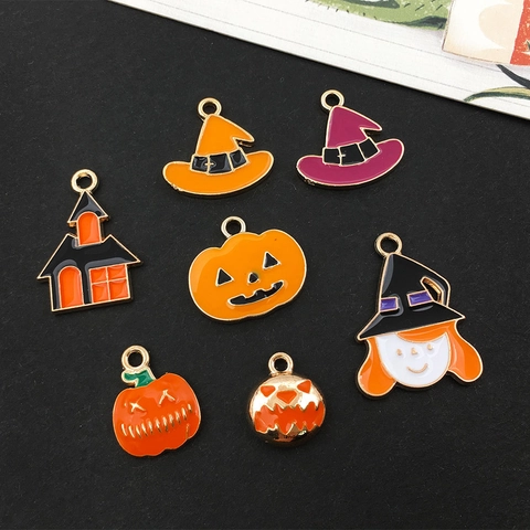 Halloween Zinc Alloy Enamel Charms Assorted Pumpkin Ghost Bat Witch Hat Castle DIY Jewelry Making Craft Pendants