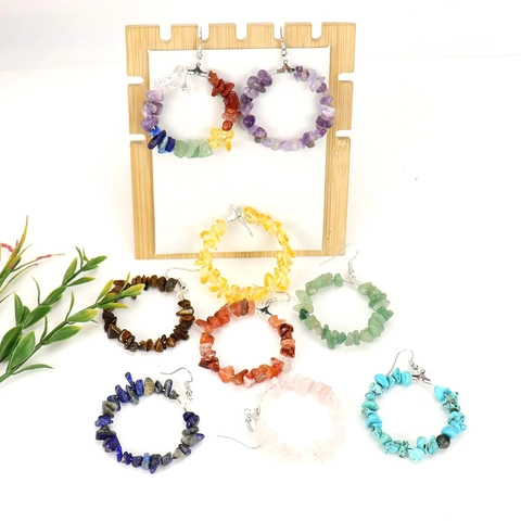 Natural Crystal Stone Chips Wire Wrapped Round Hoop Earrings Handmade Colorful Amethyst Turquoise Gemstone Dangle Earrings Women Bohemian Jewelry