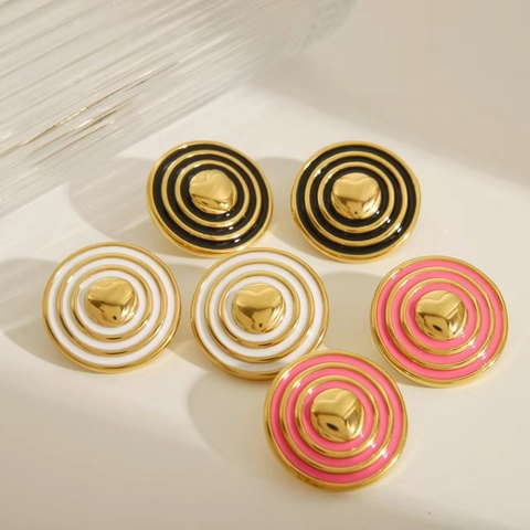 Orecchini A Lobo Tondi Vintage Acciaio Inossidabile Placcato Oro 18K Cuore Smalto Gioielli Geometrici Donna
