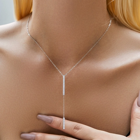 925 Sterling Silber Y-Halskette Mit Doppelten Stabanhängern Zirkonia Besetzt Minimalistischer Eleganter Schmuck Für Damen