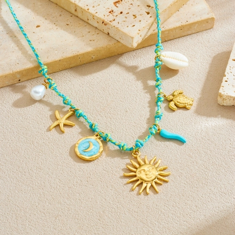Collar De Cuerda Tejida Bohemio Acero Inoxidable Sol Luna Tortuga Estrella De Mar Concha Perla Artificial Colgantes Joyería De Playa